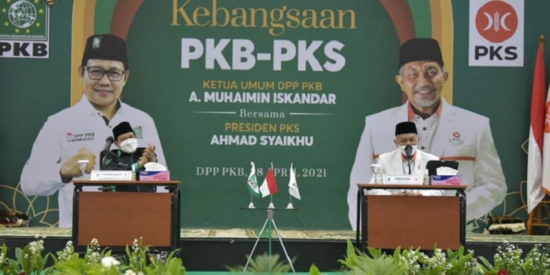 Ketua Umum DPP PKB Muhaimin Iskandar dengan Presiden PKS Ahmad Syaikhu dalam satu pertemuan/Net