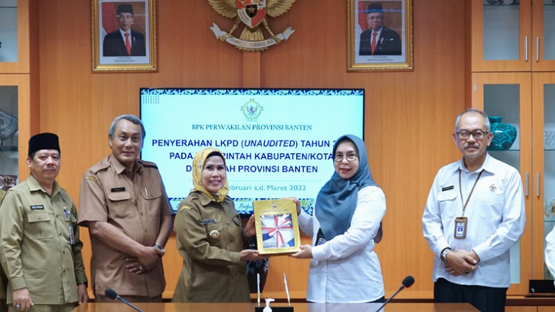 Bupati Serang Ratu Tatu Chasanah menyerahkan LKPD kepada Kepala BPK perwakilan Banten Emmy Mutiarini/Ist