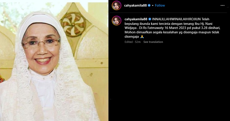 Cahya Kamila putri Nani Wijaya mengabarkan meninggalnya ibunda tercinta lewat postingan Instagram/Repro