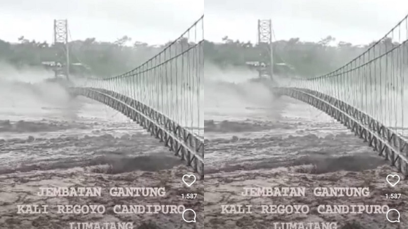 Banjir Lahar Kikis Bibir Sungai, Jembatan Gantung Kali Regoyo, Lumajang Putus. (Tagkapan layar).