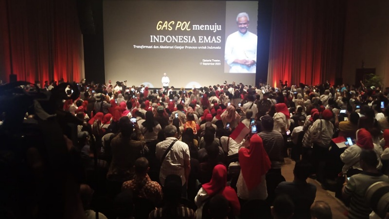 Bacapres Ganjar Pranowo membeberkan programnya jika menang di Pilpres 2024, dalam acara bertajuk 'Ganjar Jawab Tantangan Masa Depan Indonesia' di Djakarta Theater, kawasan Menteng, Jakarta, Minggu (17/9). Foto: IST