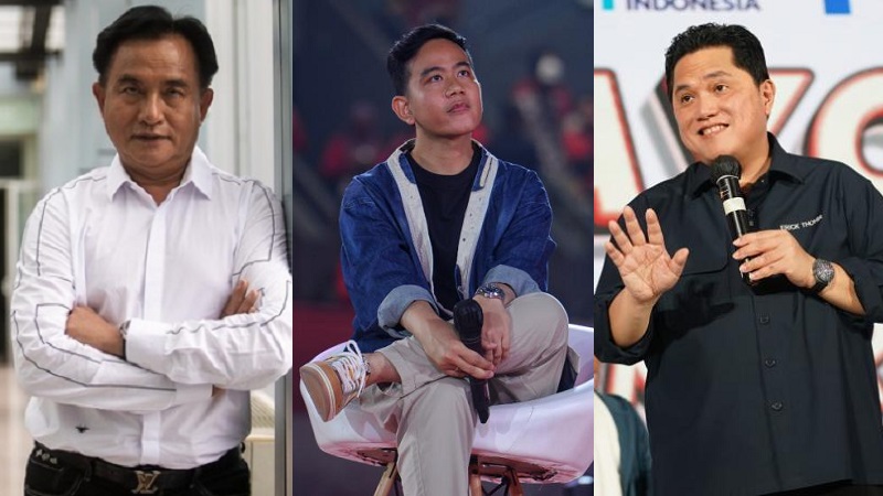 Kolase foto kandidat cawapresnya Prabowo; Yusril Ihza Mahendra, Gibran Rakabumi dan Eric Thohir.