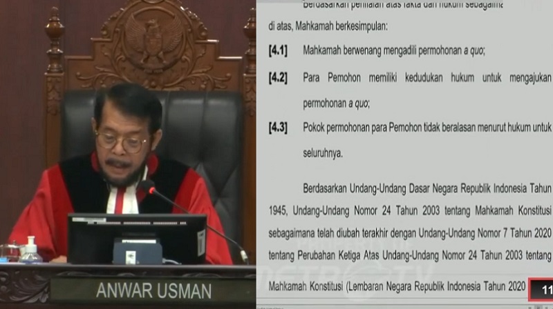 Ketua MK Anwar Usman membacakan putusan syarat usia minimal Capres dan Cawapres. (Tangkapan Layar)