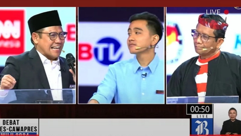 Tampilan Muhaimin Iskandar, Gibran Rakabuming Raka, dan Mhafud MD dalam debat cawapres Pemilu 2024 yang digelar KPU, Jumat malam, 22 Desember 2023. -Tangkap laya -