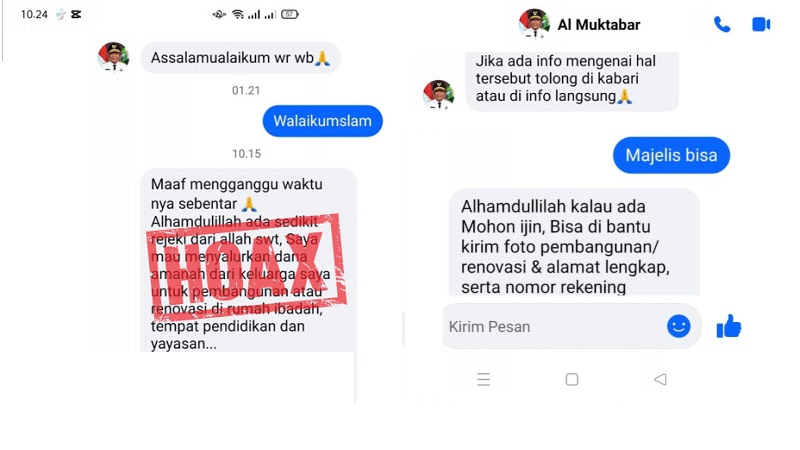 WhatsApp (WA) orang tak bertanggung jawab mengatasnamakan Pj Gubernur Banten, Al Muktabar. (TangkapanLayar)